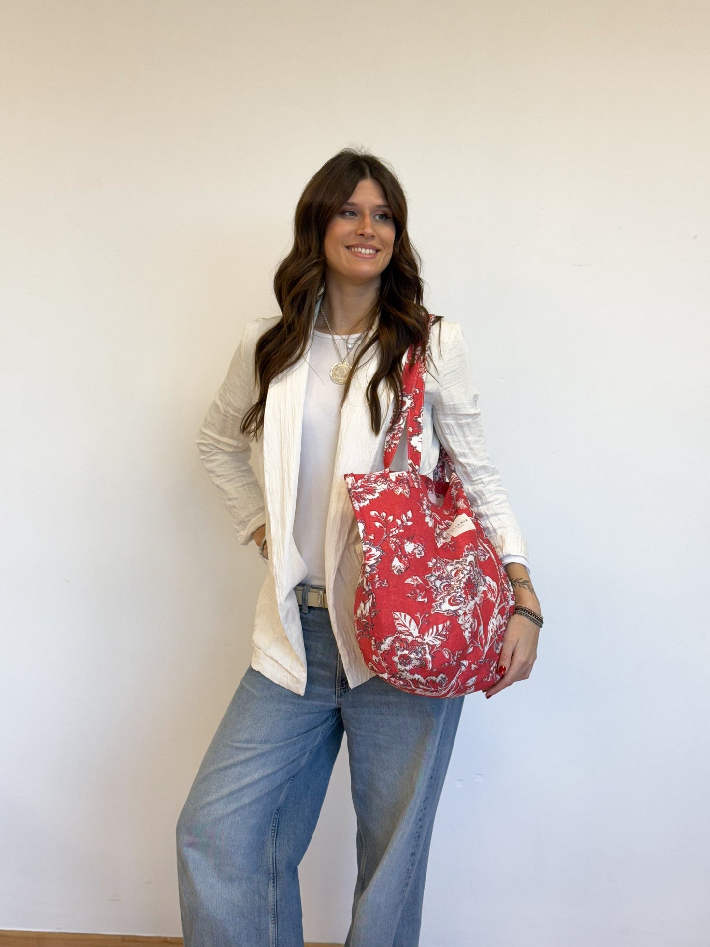 Schoudertas Shopper De La Mur Line USHA rood witte bloemenprint 